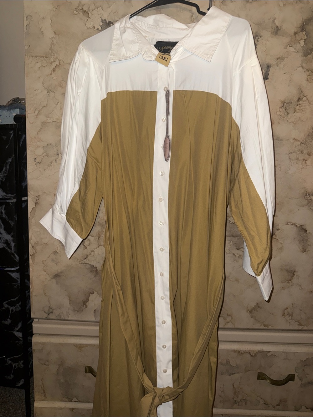 Relaxed Two-Tone White and Taupe Shirt Dress
